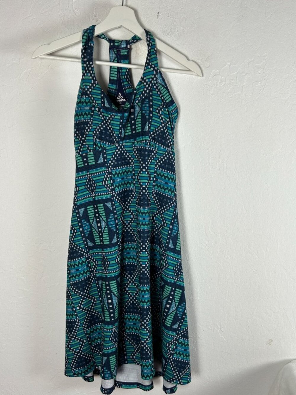 Prana Womens Cali Geometric Athletic Halter Tank Dress XS A-Line Blue Green